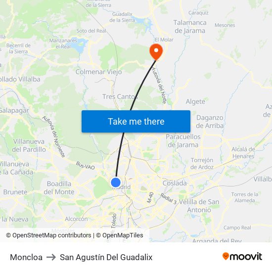 Moncloa to San Agustín Del Guadalix map