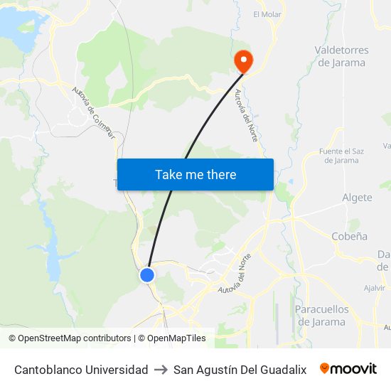 Cantoblanco Universidad to San Agustín Del Guadalix map