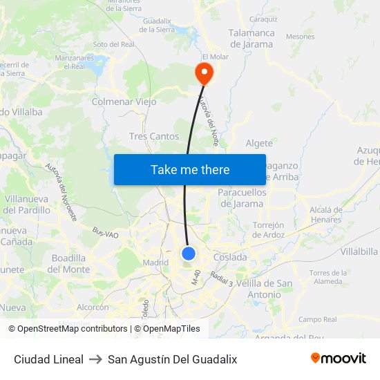 Ciudad Lineal to San Agustín Del Guadalix map