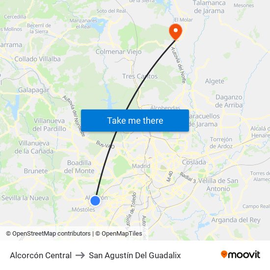 Alcorcón Central to San Agustín Del Guadalix map
