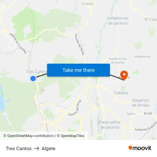 Tres Cantos to Algete map