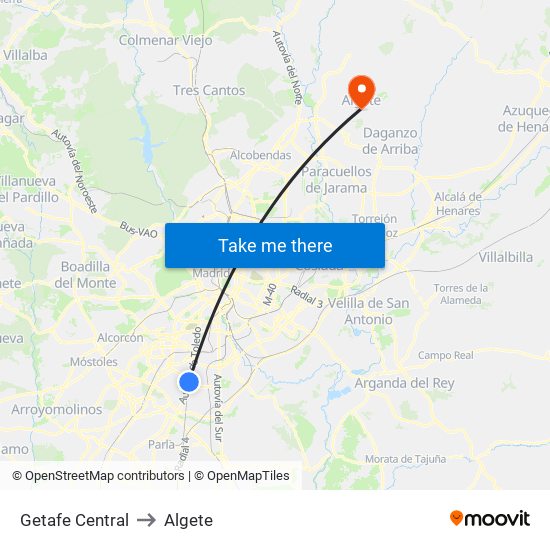 Getafe Central to Algete map