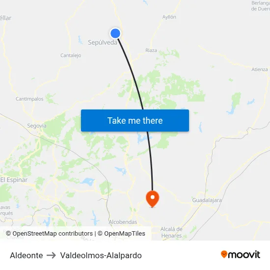 Aldeonte to Valdeolmos-Alalpardo map