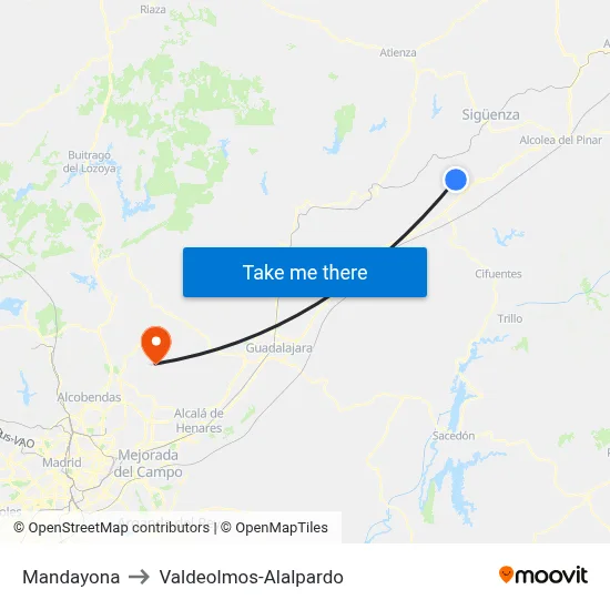Mandayona to Valdeolmos-Alalpardo map