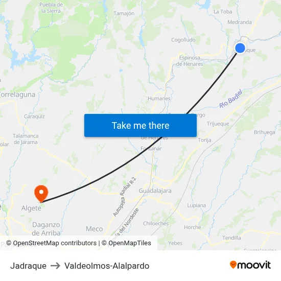Jadraque to Valdeolmos-Alalpardo map
