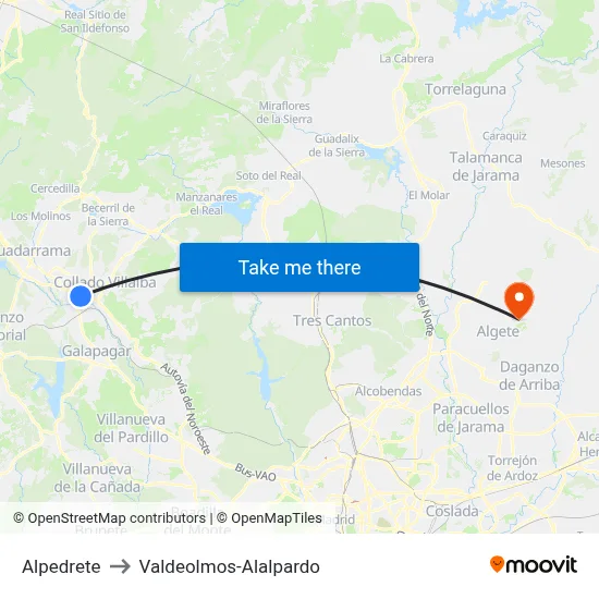 Alpedrete to Valdeolmos-Alalpardo map