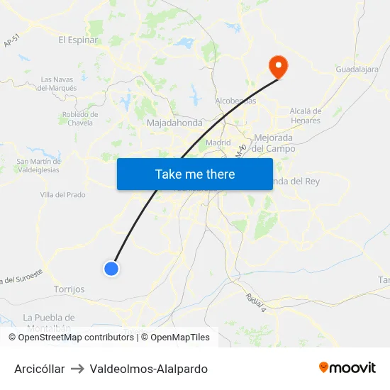 Arcicóllar to Valdeolmos-Alalpardo map