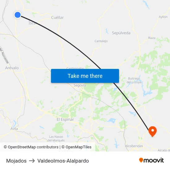 Mojados to Valdeolmos-Alalpardo map