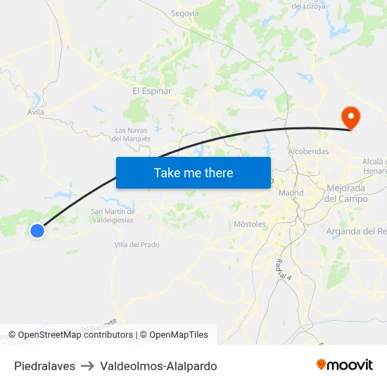 Piedralaves to Valdeolmos-Alalpardo map