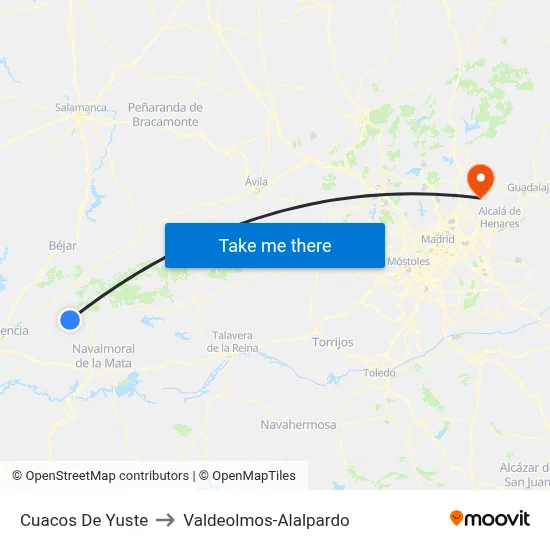 Cuacos De Yuste to Valdeolmos-Alalpardo map