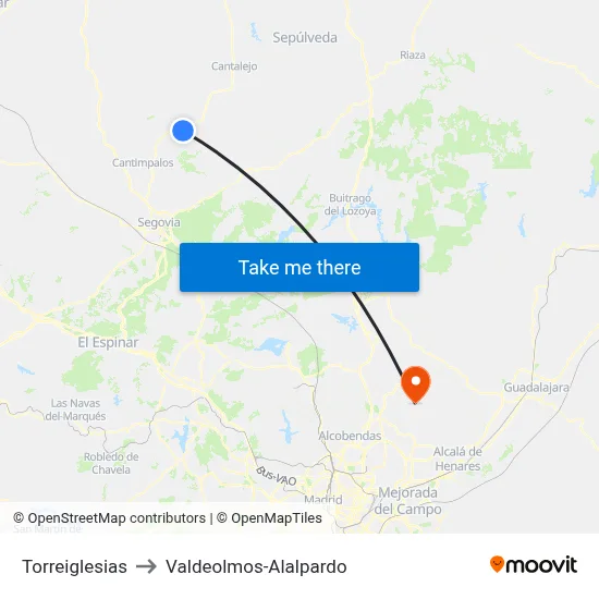 Torreiglesias to Valdeolmos-Alalpardo map