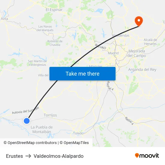 Erustes to Valdeolmos-Alalpardo map