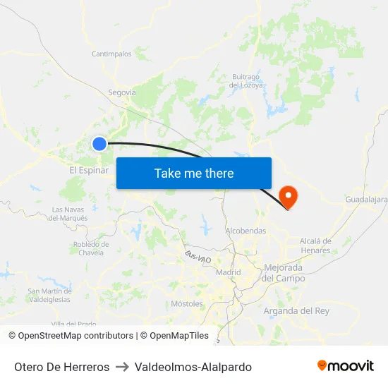 Otero De Herreros to Valdeolmos-Alalpardo map