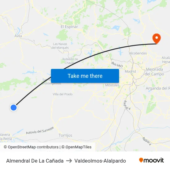 Almendral De La Cañada to Valdeolmos-Alalpardo map