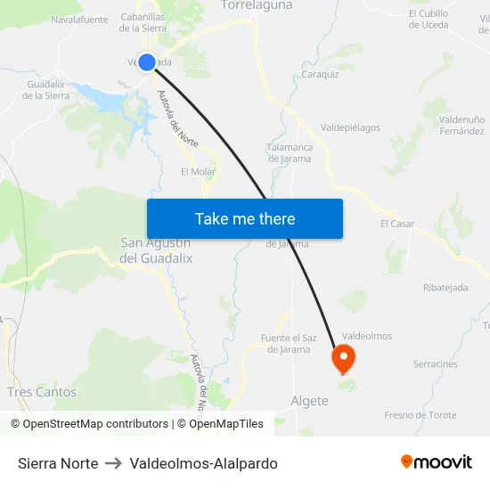 Sierra Norte to Valdeolmos-Alalpardo map
