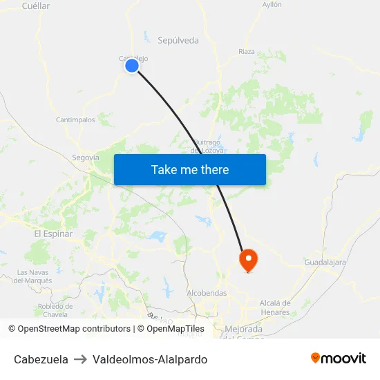 Cabezuela to Valdeolmos-Alalpardo map