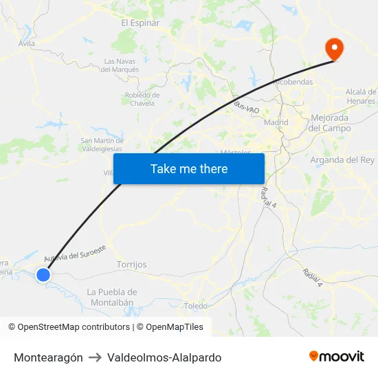 Montearagón to Valdeolmos-Alalpardo map