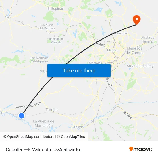 Cebolla to Valdeolmos-Alalpardo map