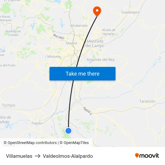 Villamuelas to Valdeolmos-Alalpardo map