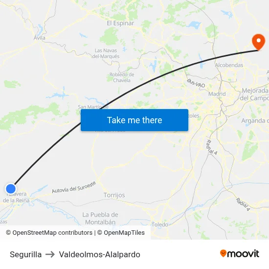 Segurilla to Valdeolmos-Alalpardo map