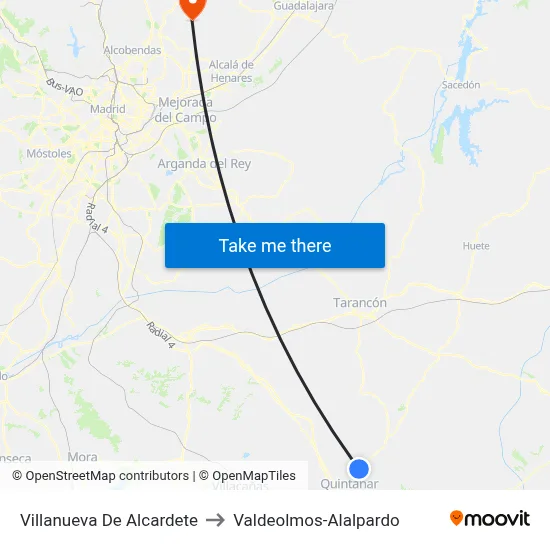 Villanueva De Alcardete to Valdeolmos-Alalpardo map