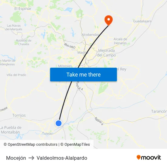Mocejón to Valdeolmos-Alalpardo map