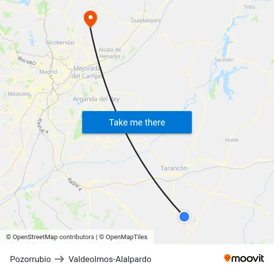 Pozorrubio to Valdeolmos-Alalpardo map