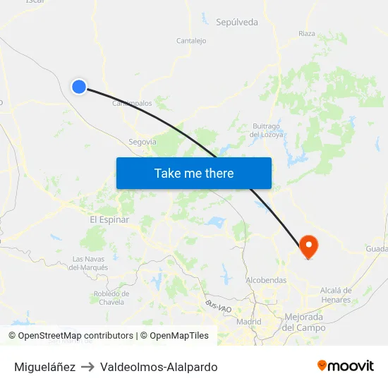 Migueláñez to Valdeolmos-Alalpardo map