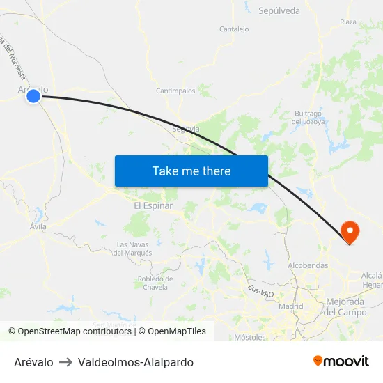 Arévalo to Valdeolmos-Alalpardo map
