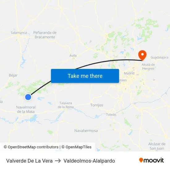 Valverde De La Vera to Valdeolmos-Alalpardo map