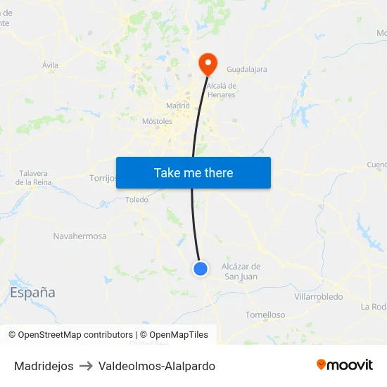 Madridejos to Valdeolmos-Alalpardo map