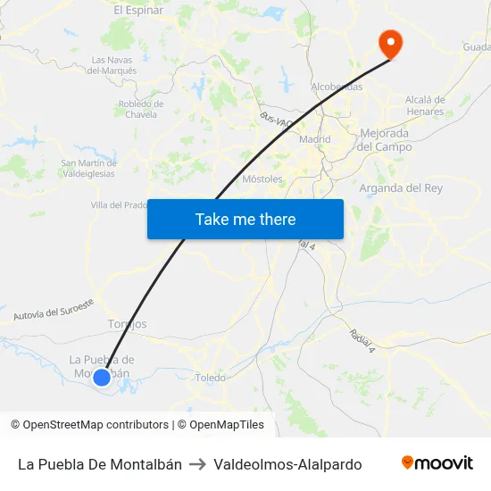 La Puebla De Montalbán to Valdeolmos-Alalpardo map