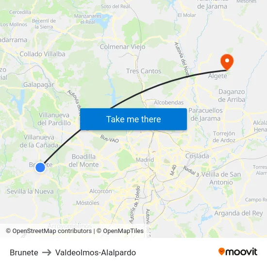 Brunete to Valdeolmos-Alalpardo map