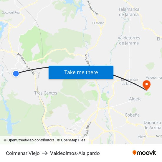 Colmenar Viejo to Valdeolmos-Alalpardo map
