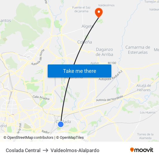 Coslada Central to Valdeolmos-Alalpardo map