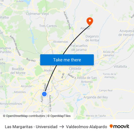 Las Margaritas - Universidad to Valdeolmos-Alalpardo map