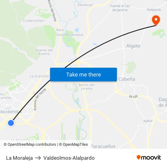 La Moraleja to Valdeolmos-Alalpardo map