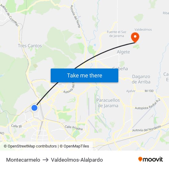 Montecarmelo to Valdeolmos-Alalpardo map