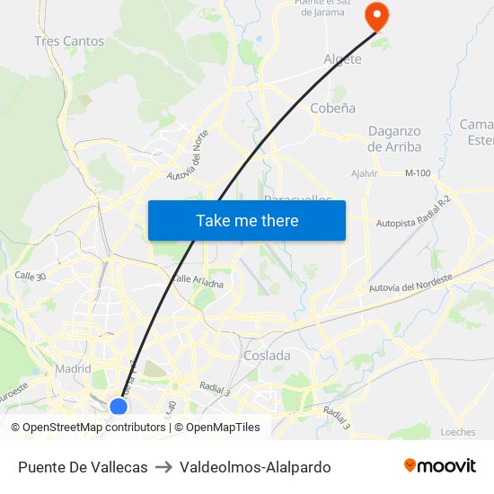 Puente De Vallecas to Valdeolmos-Alalpardo map