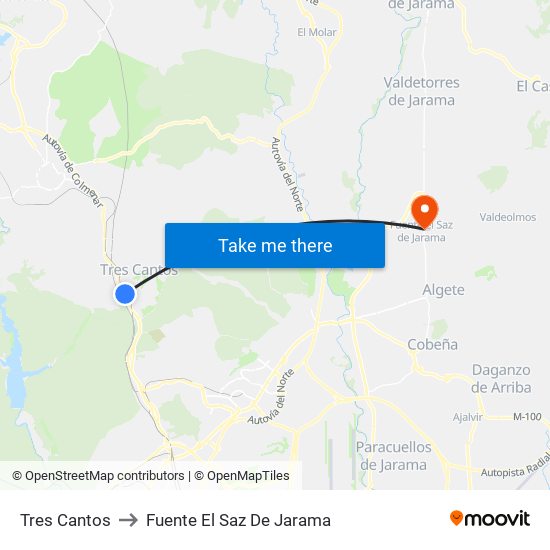 Tres Cantos to Fuente El Saz De Jarama map