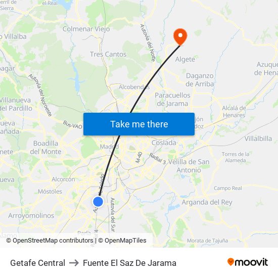 Getafe Central to Fuente El Saz De Jarama map