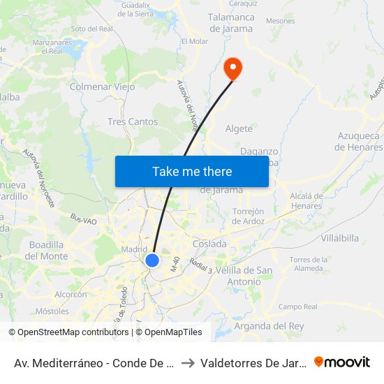 Av. Mediterráneo - Conde De Casal to Valdetorres De Jarama map