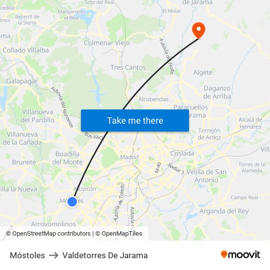 Móstoles to Valdetorres De Jarama map