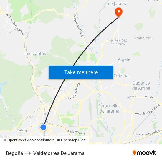 Begoña to Valdetorres De Jarama map