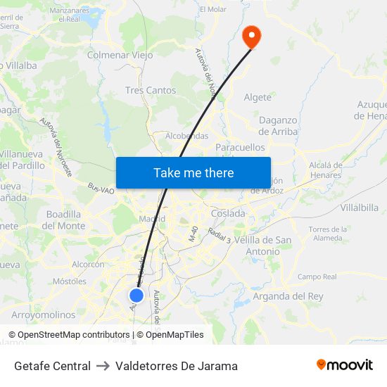 Getafe Central to Valdetorres De Jarama map
