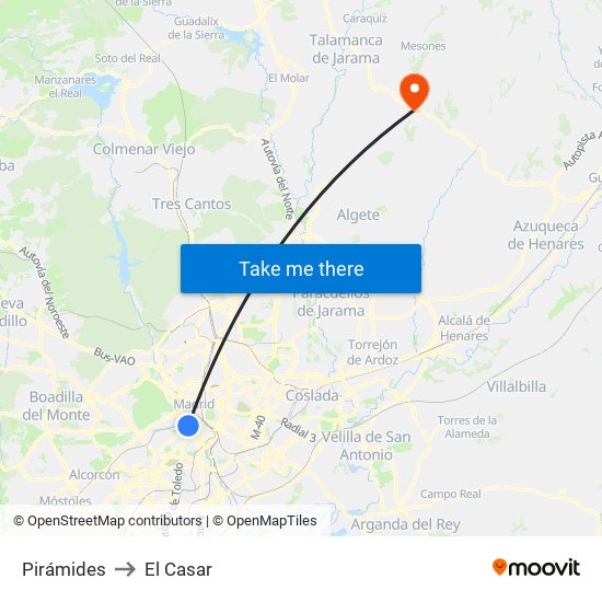 Pirámides to El Casar map
