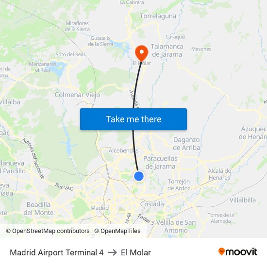 Madrid Airport Terminal 4 to El Molar map