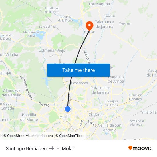 Santiago Bernabéu to El Molar map