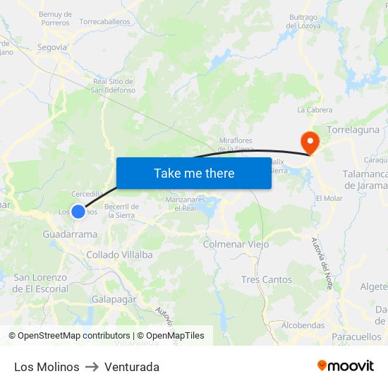 Los Molinos to Venturada map