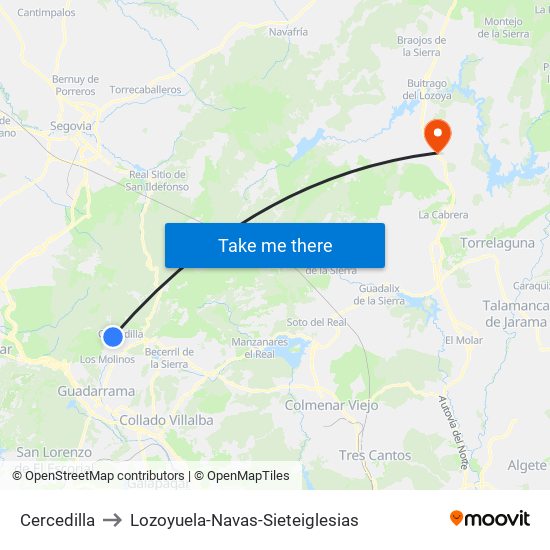 Cercedilla to Lozoyuela-Navas-Sieteiglesias map